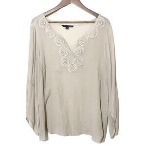 Zac & Rachel Shirt Women's Size 2X Beige Gauzy Crepe Crochet Trim Airy Netural